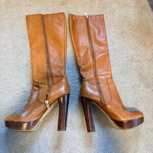 Michael Kors Brown Leather High Heel Boots with Gold Zipper